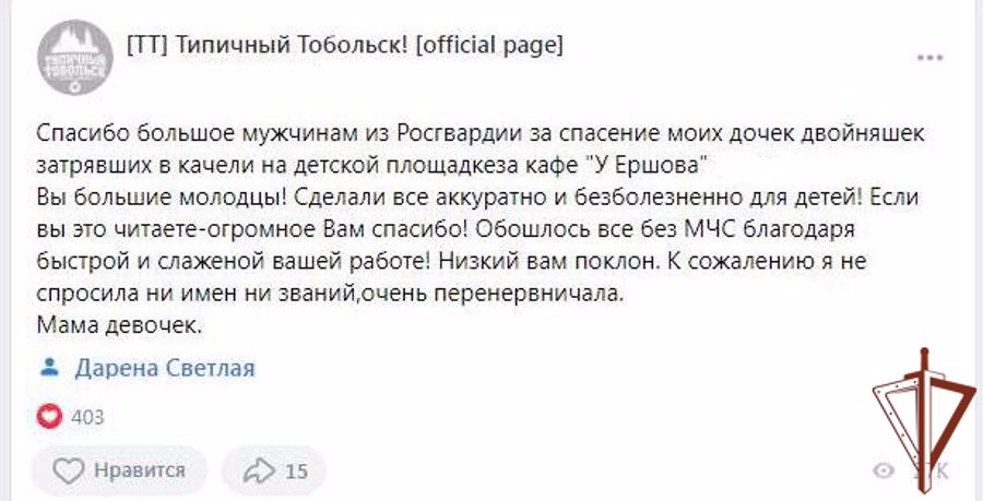Росгвардейцы вызволили застрявших на качелях детей в Тобольске (видео)