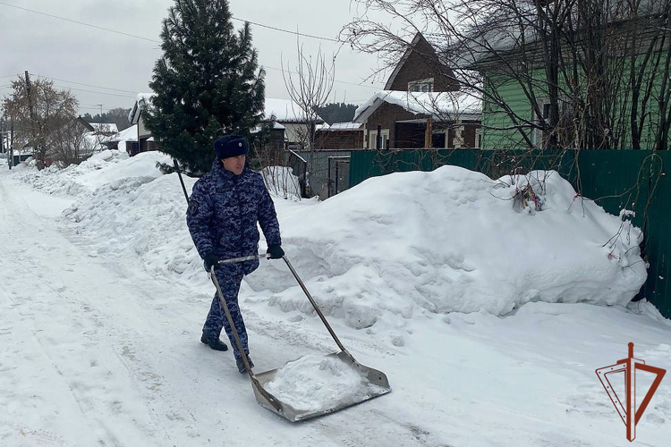 Сотрудники Росгвардии из Новосибирска оказали помощь труженице тыла в уборке снега с придомовой территории